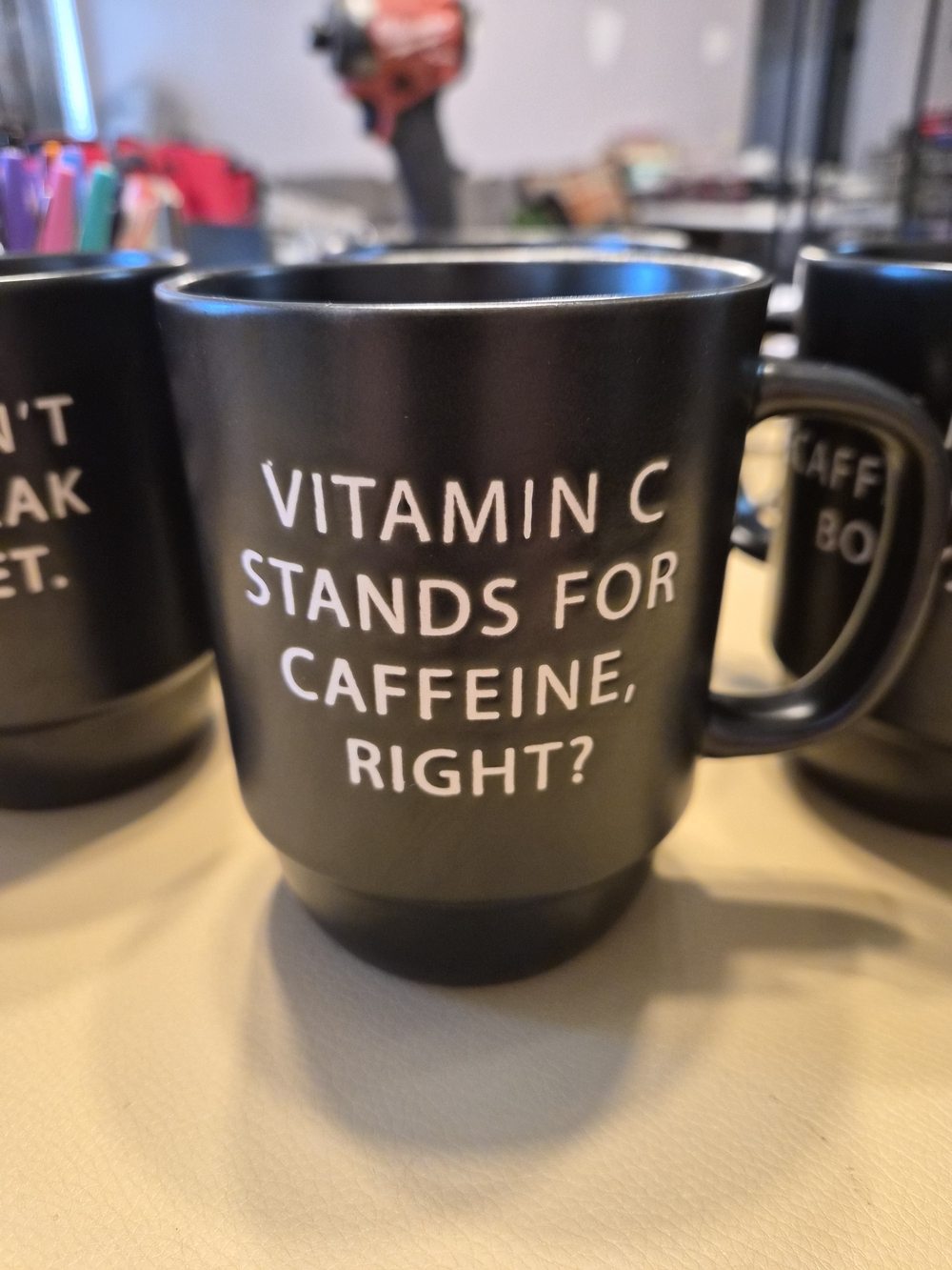 Stackable Black Ceramic Coffee Mug Set with Rack - Humorous White Text - Picture 5 of 7
